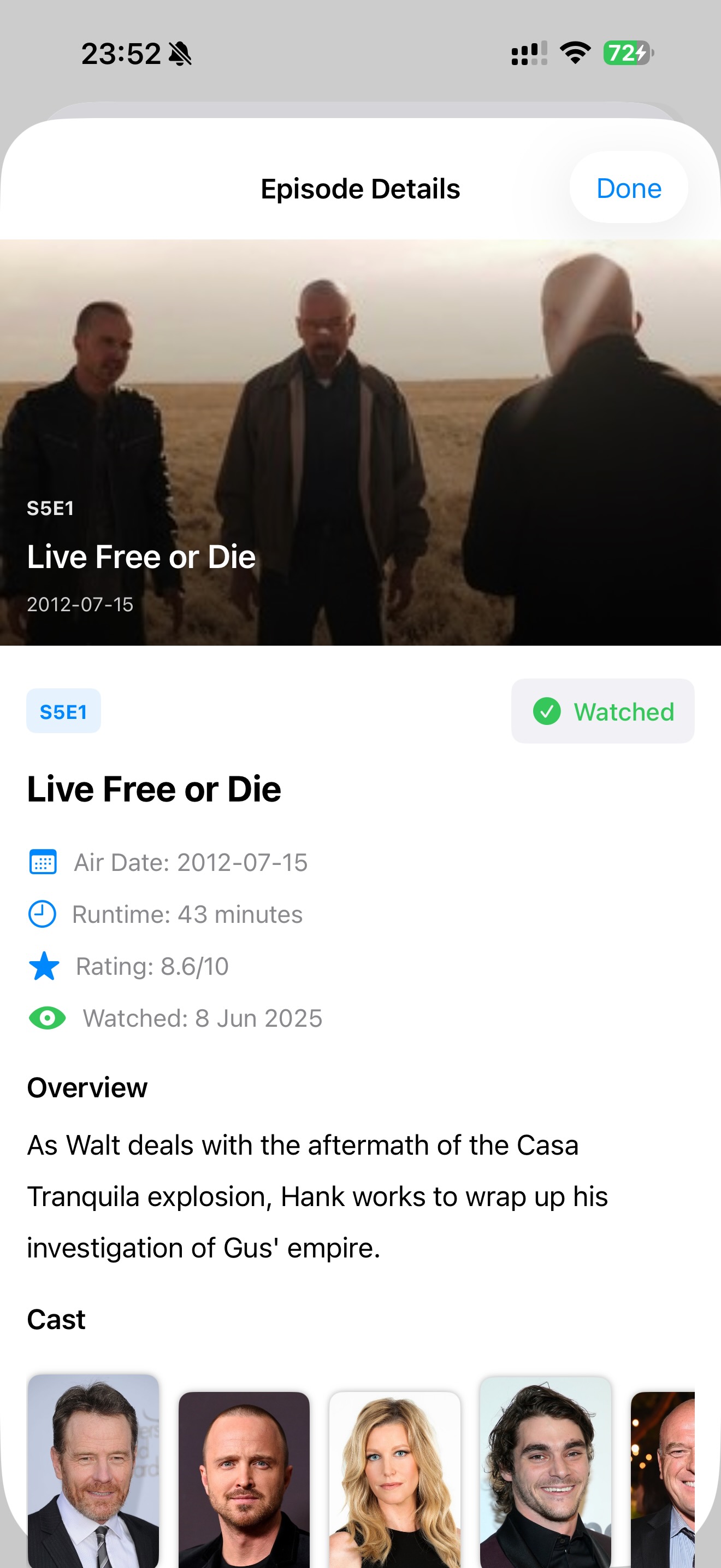 Binge Buddy's episode details screen