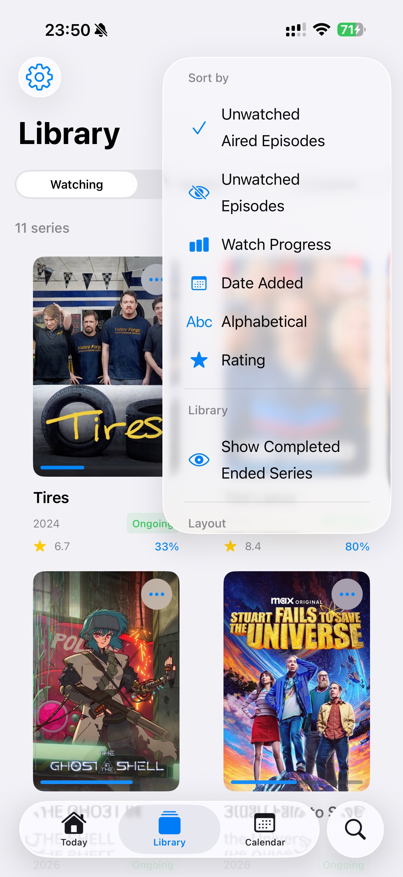 Binge Buddy's library sorting menu