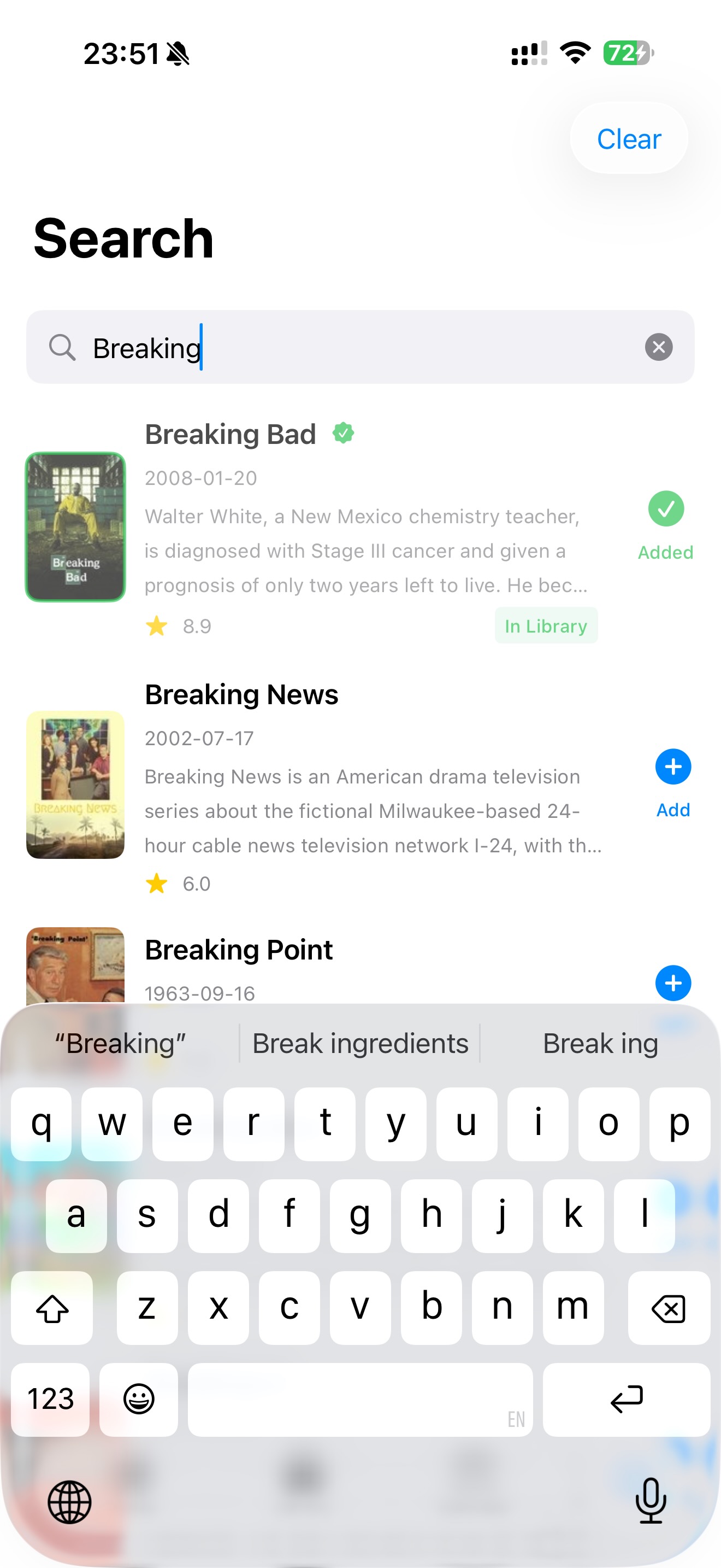 Binge Buddy's series search screen