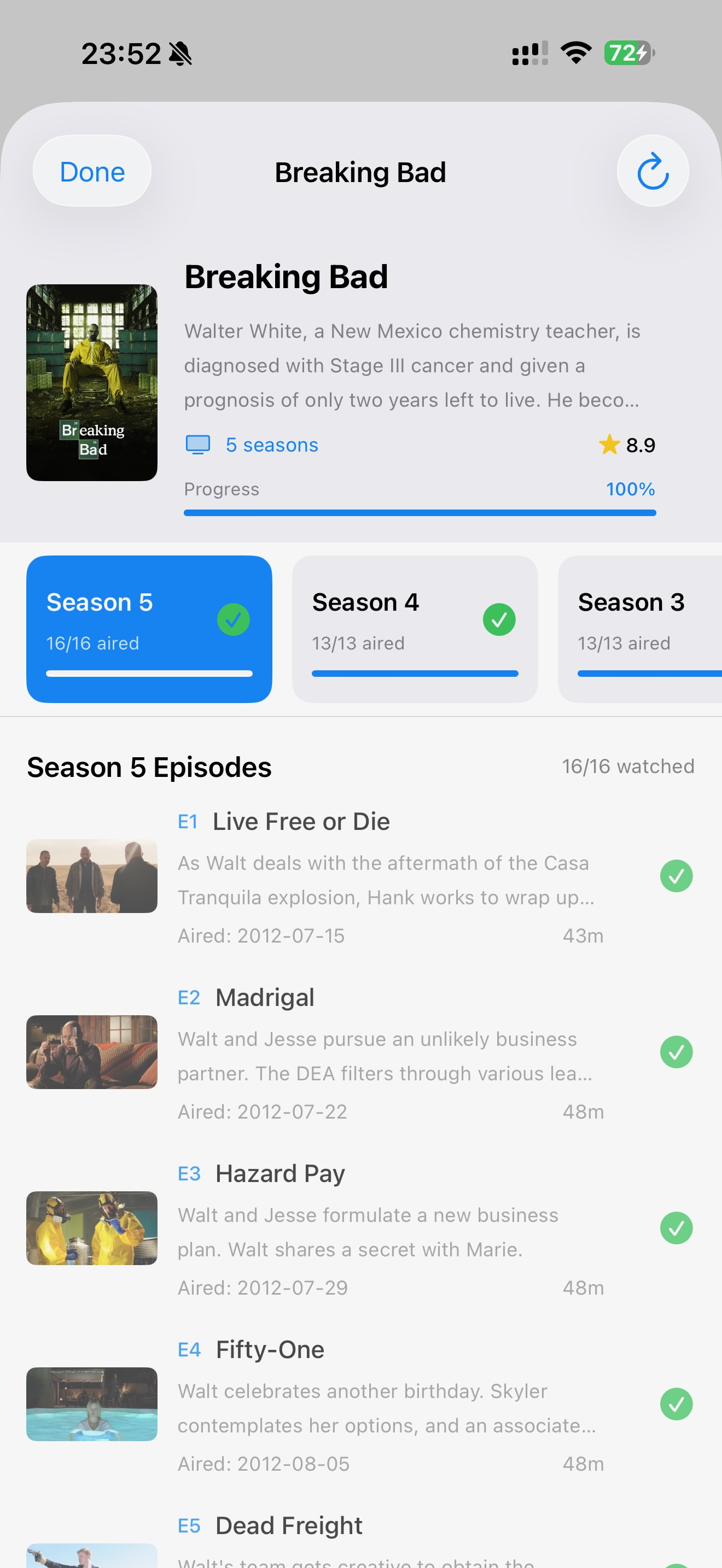 Binge Buddy's series detail and season view