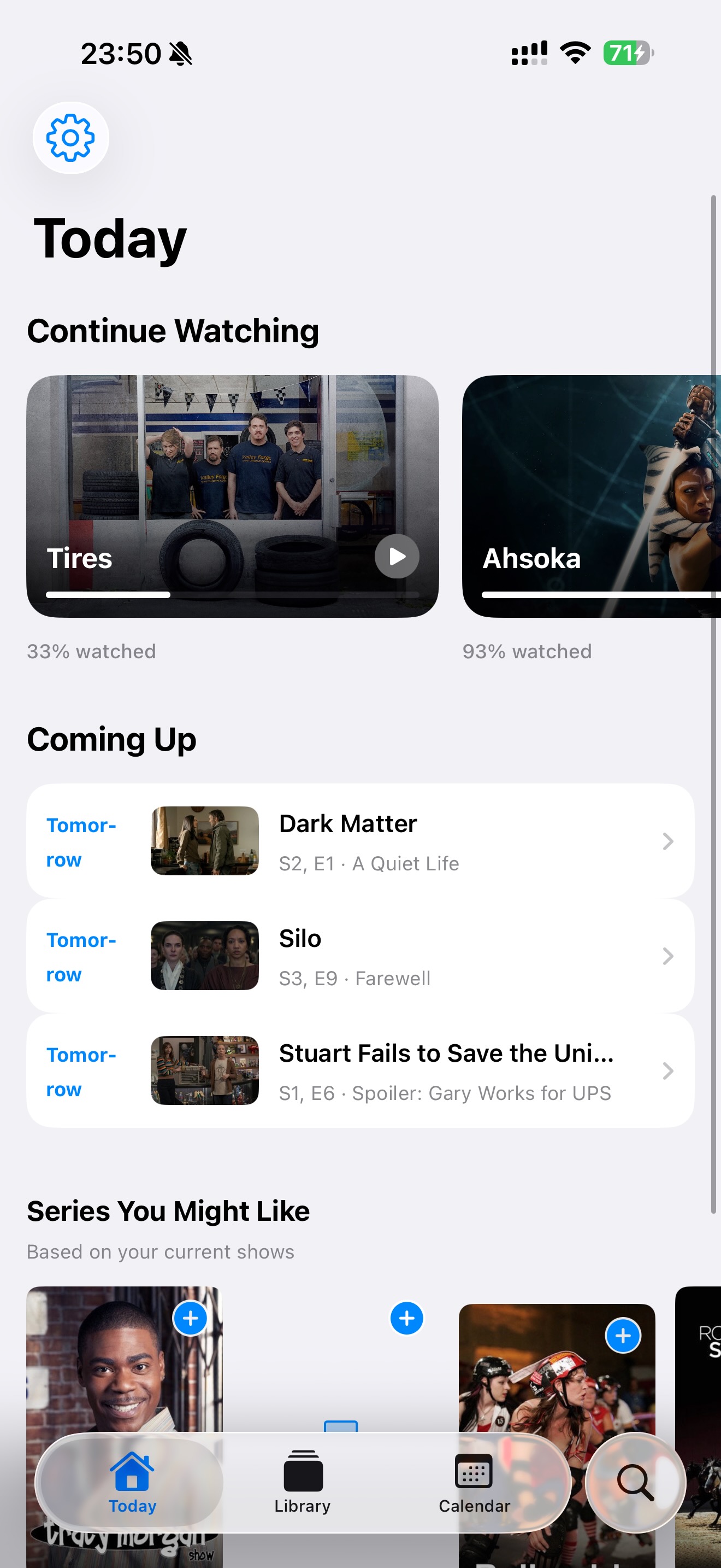 Binge Buddy's Today screen with watch progress and upcoming episodes