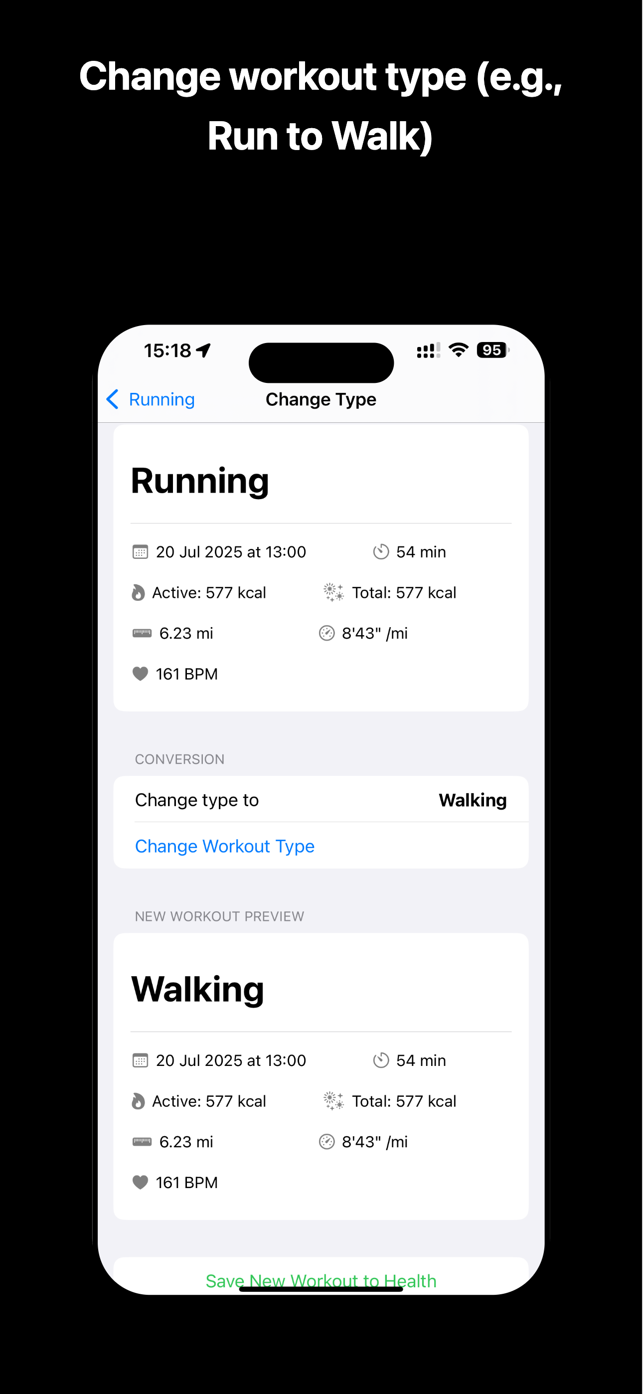 WorkoutConverter showing a running workout converted to walking, with a preview of the new workout